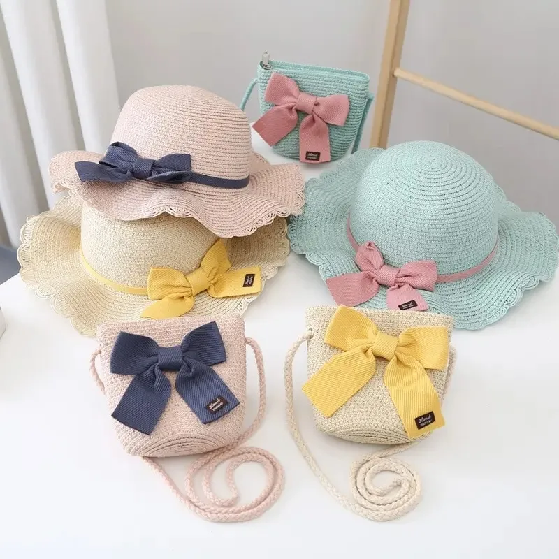 Straw Hat 2 Pcs Children Girls Summer Outdoor Beach Set straw hat,outdoor sun hat