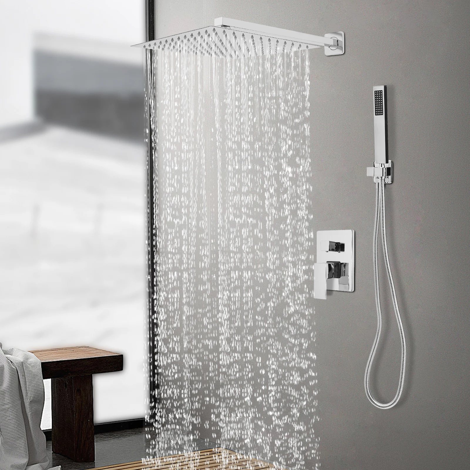 30 cm Chrom-Duschset aus Edelstahl, G1/2, Regenspray, Handbrause mit Duschventil und Schlauch – Detail 4