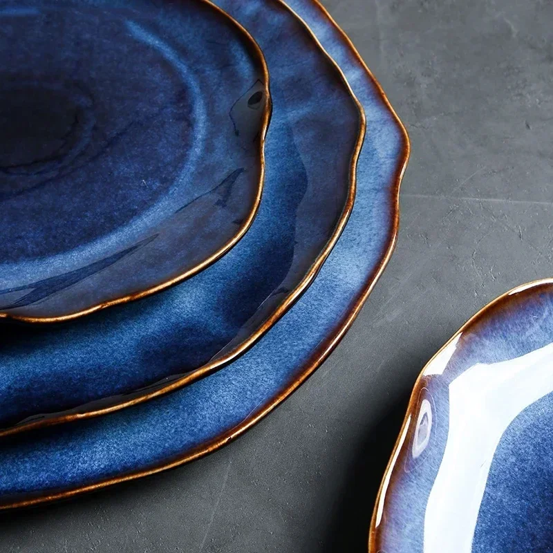 Deep Blue Irregular Ceramic Plate - Elegant Pottery Dish