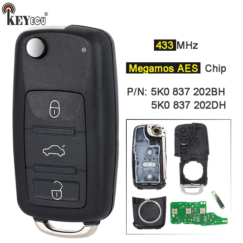 KEYECU 433MHz ASK Megamos AES / ID88 Chip 5K0 837 202 BH / DH Smart Remote Key Fob for Volkswagen Beetle Caddy Caravelle Jetta car remote key
