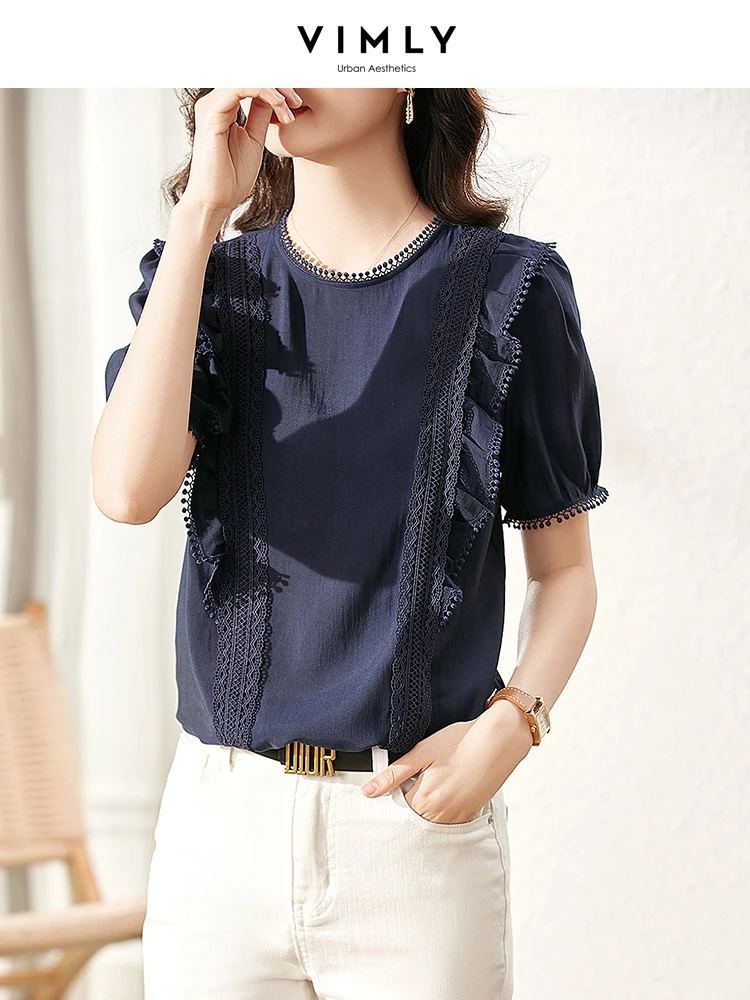 Vimly Korean Style Summer Blouse for Women 2023 Short Puff Sleeve Tops Stylish Chic Ruffles Shirt Female Pullover Blouses V2802