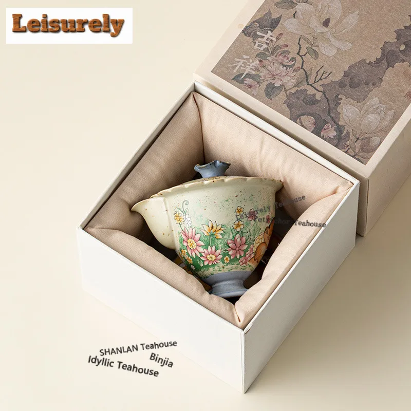 125ml Caramel Glaze Flower-picking High-handle Handheld Teapot Vintage Tea Infuser Pot Tea Brewing Kettle With Strainer Tea Item