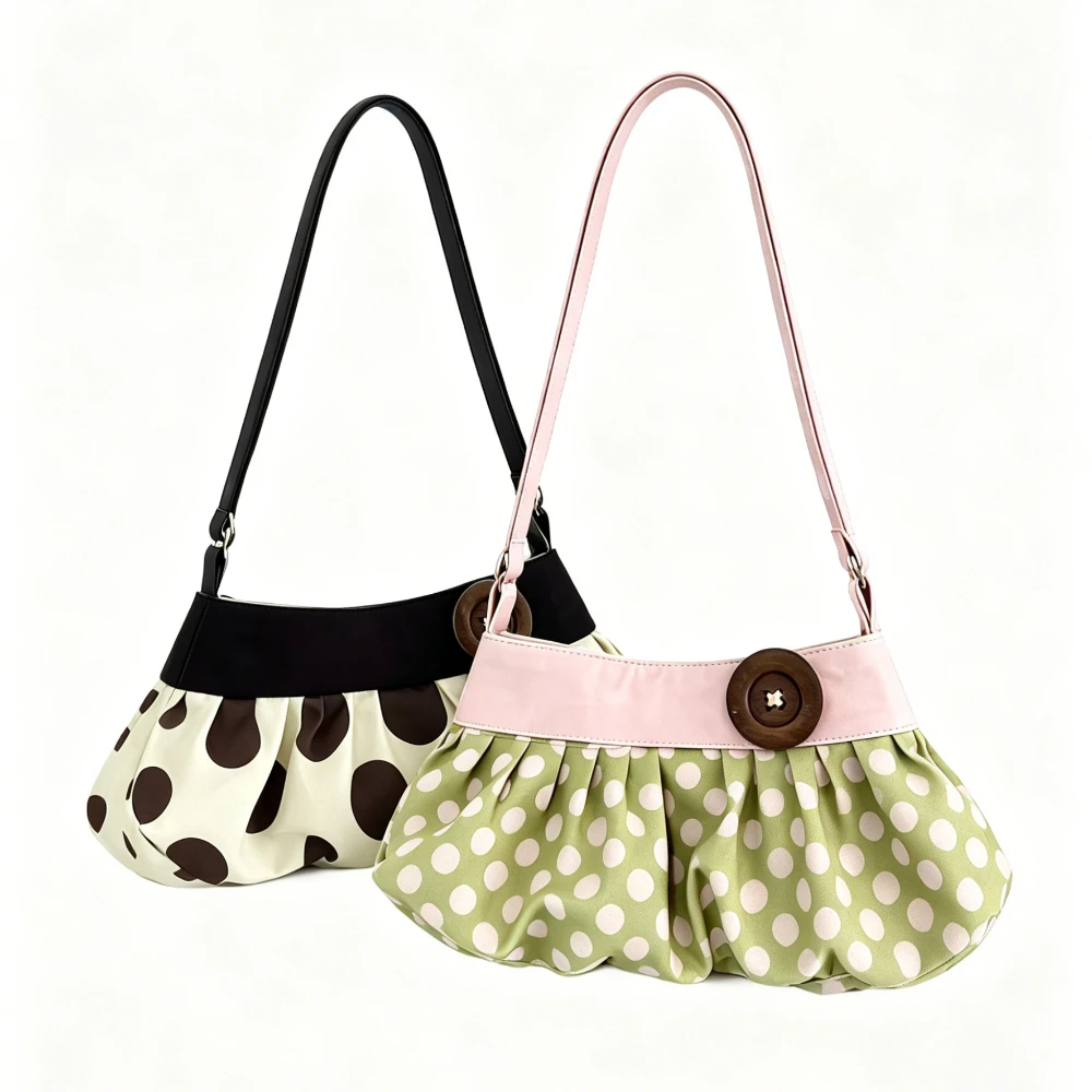 Borsa a Spalla Retrò a Pois con Bottoni in Legno, Borsa a Mano con Design Plissettato, Borsa Morbida a Forma di Raviolo, Borsa Casual a Righe per Pendolari - immagine 5