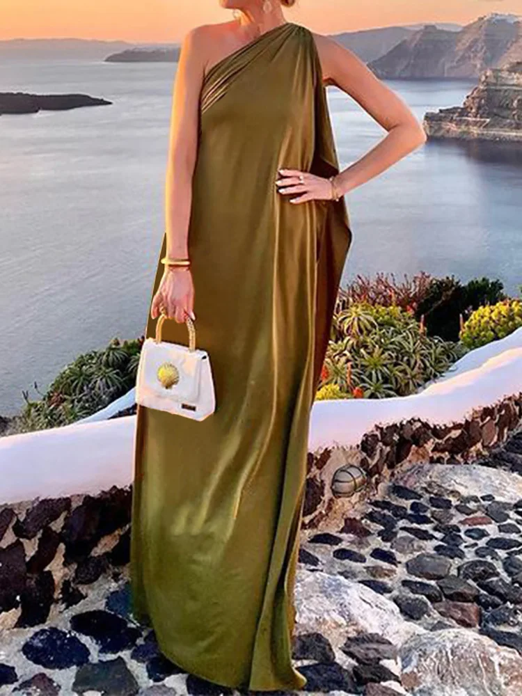 

Simple Beach Style Loungewear Party Dress, 2024 Women Summer Skew Collar Fashion Maxi Dress, Sleeveless Patchwork Ladies Dress