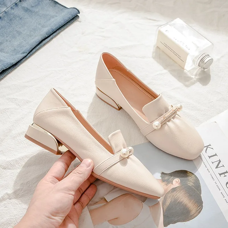

Fashion Pumps For Women Office Shoes Square toe Comfortable Pleated Womans Casual Shoes 3cm High Heels Pearl Retro Female Shoes