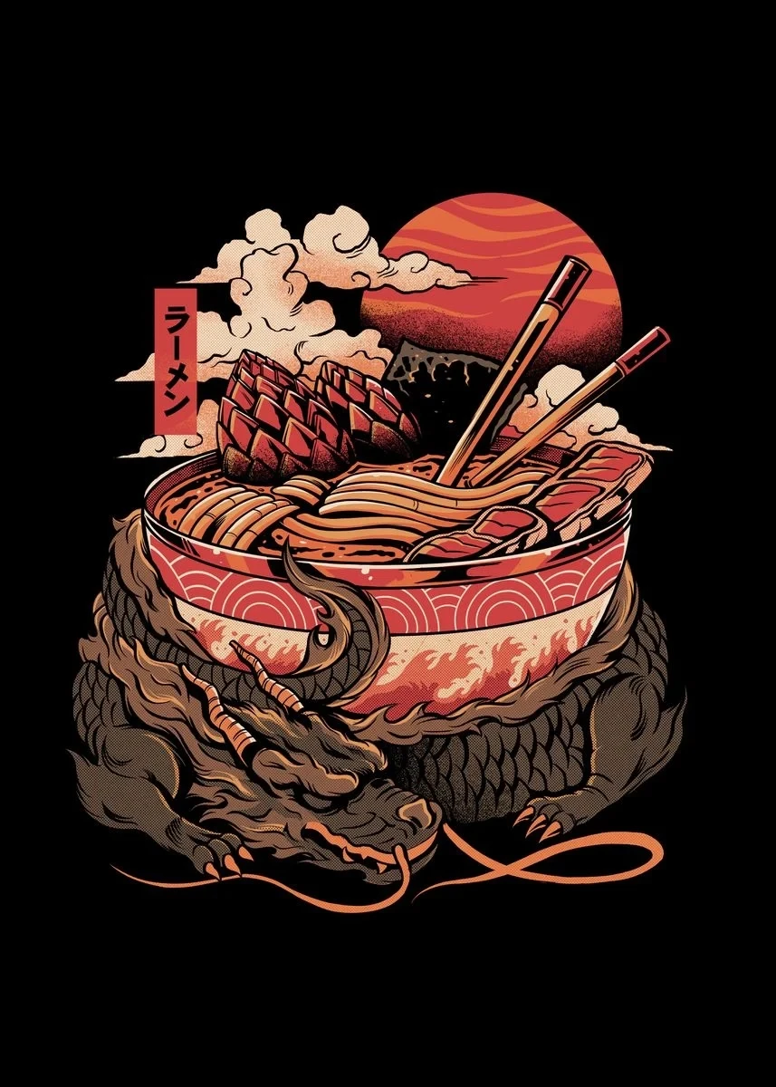 Vintage Japanese Kaijus Food Art Canvas: Sushi, Ramen, and Burgerzilla Poster