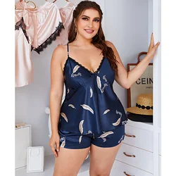 Summer New Ice Silk Pajamas Women's Strap Nightgown Shorts Suit V-neck Ice Silk Loose Nightwear Home Wear