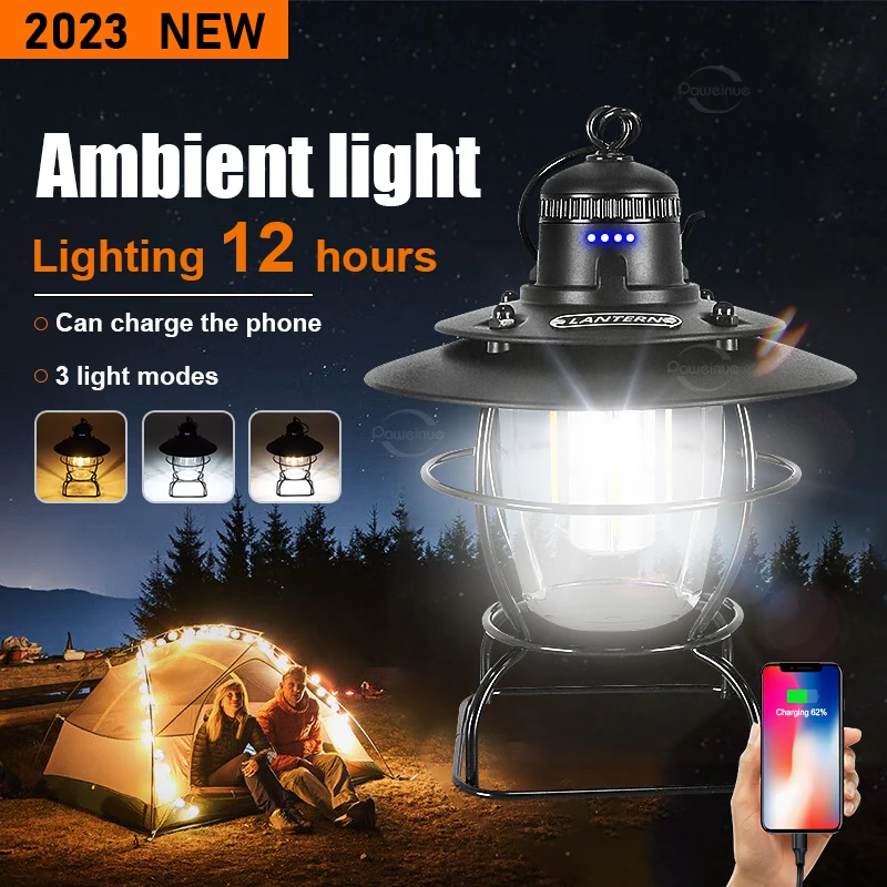 

Retro Portable Camping Lantern USB Rechargeable Hiking Light Outdoor Kerosene Vintage Hanging Camping Lamp 3 Modes Tent Lighting