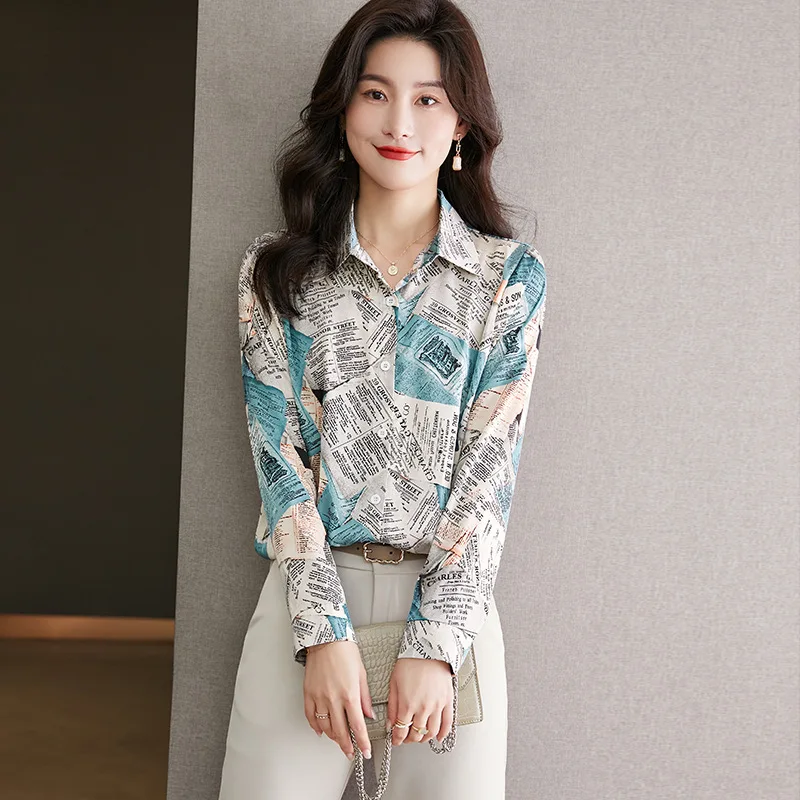 French Mosaic Letter Pattern Short Sleeve Shirt Elegant Women's Suits 2023 New Long-sleeved Chiffon Blouse Woman Collection Dark