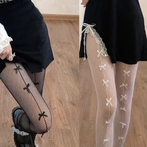 Women Sexy Mesh Fishnet Tights Stockings Pantyhose Bows Transparent Gothic Party Club White Black Women Netting Socks Lingeries