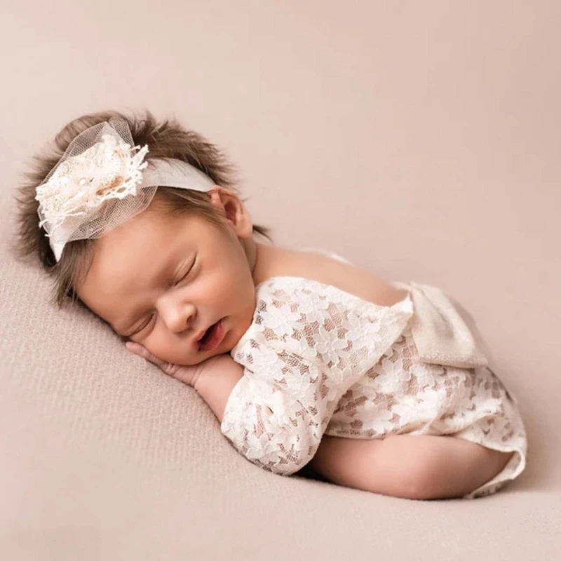 2pcs Newborn Photography Props Baby Girls Lace Rompers Headband Photo Shoot 