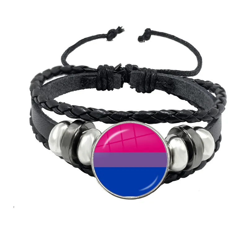 LGBT Black Weave Leather Bracelet Bi Pride Glass Cabochon Gay - Main Image
