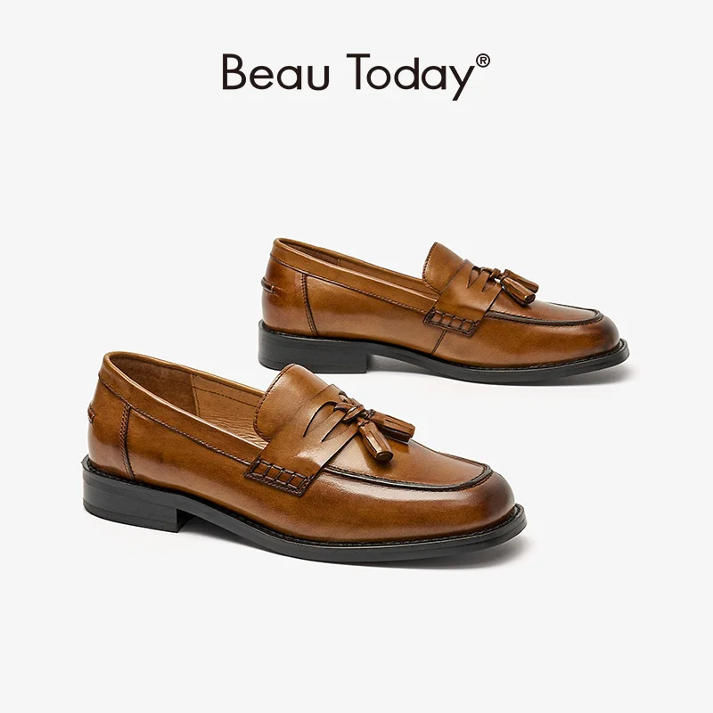 

Leather Loafers Women Genuine Calfskin Round Toe Slip-On Fringe Spring Autumn Ladies Flats Shoes Handmade 26081