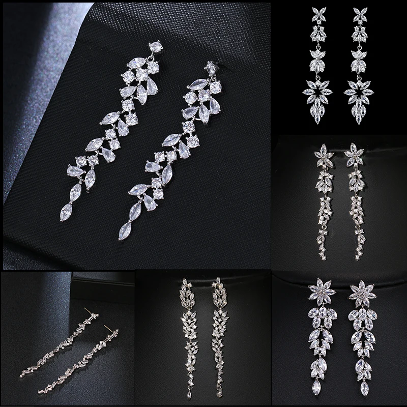 Sugo Hot Sale Fashion Classic Luxury Long White Cubic Zirconia Drop Earrings For Elegant Women Party Dress Jewelry Accessories