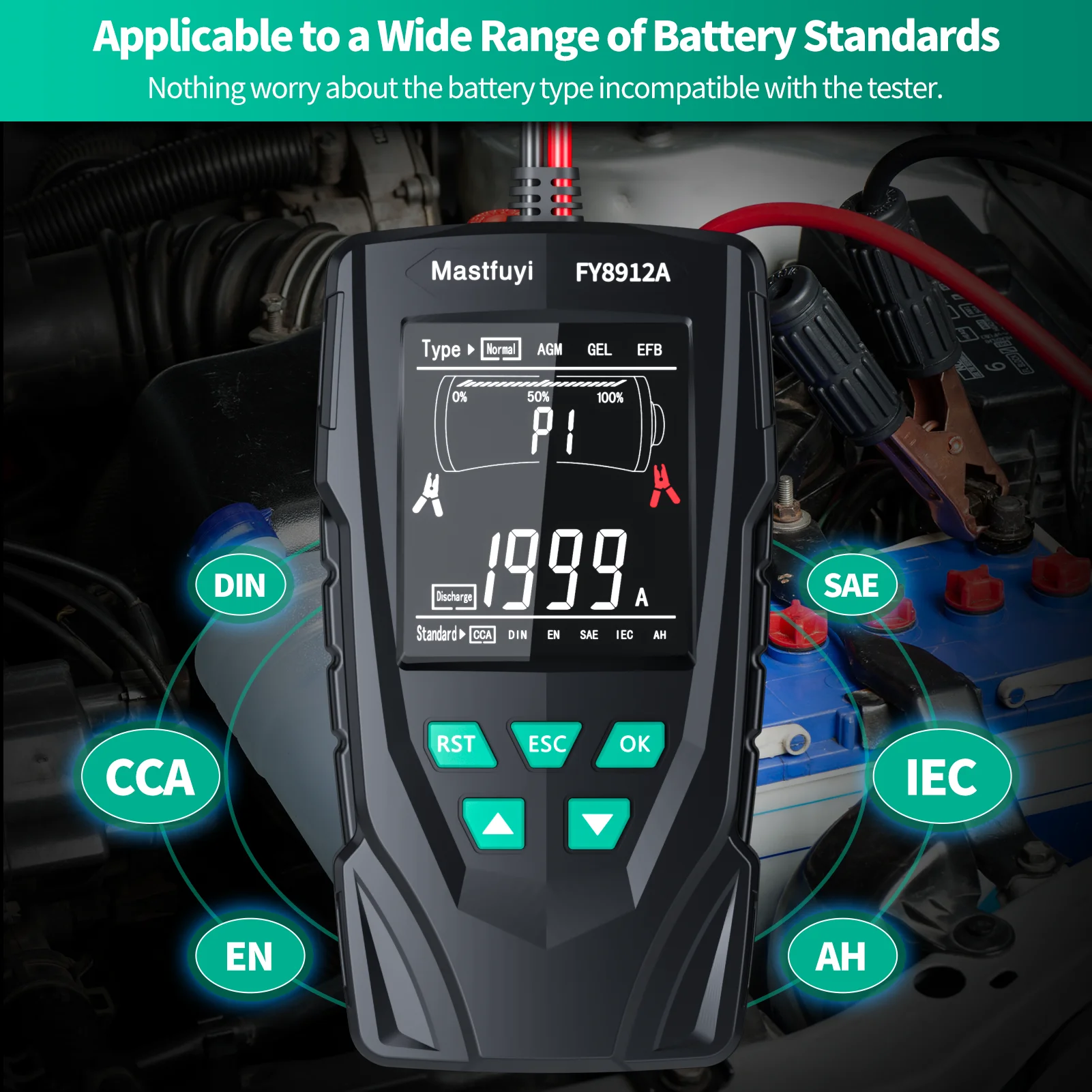 Battery Tester MASTFUYI FY8912A Car Battery System Tester 12V 24V Car Motorcycle Truck System Analyzer 50-2000CCA Charging Cranking Test Tool
