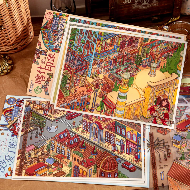 3D 풍경 스티커 브랜드 뉴 오리지널 시티 로밍 시리즈 미니 스티커 장 디컴프레션 콜라주 스티커 장식