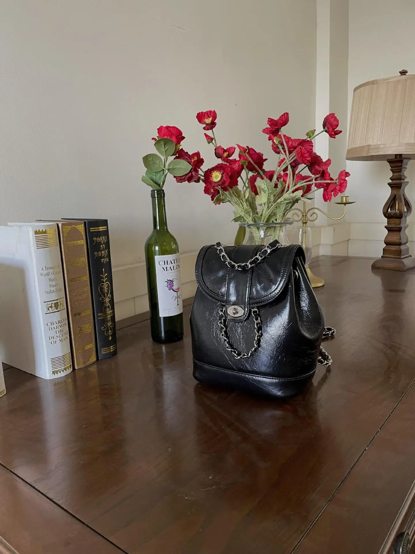 Withered Italian Leather Chain Backpack Girls Retro College Wind Oil Wax Cowhide Backpack Bucket Bag Fashion Chain Bag Women