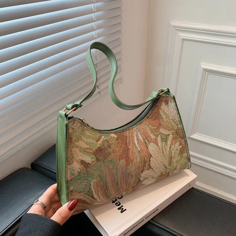Womens Shoulder Bag Fashion Vintage Oil Painting Design Simple Flower Female Armpit Hobos Small Clutch Handbag Totes