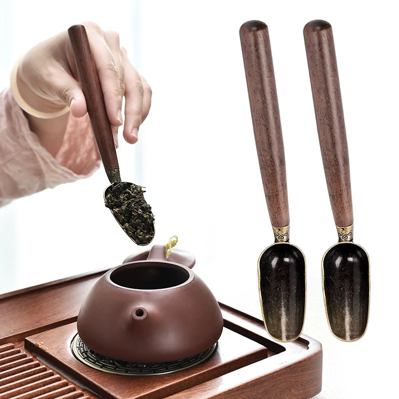 Tea Spoons Solid Wood Long Handle Alloy Divided Teaspoons Tea KongFu Ceremony Utensils Set Nuts Scoop Spice Shovel