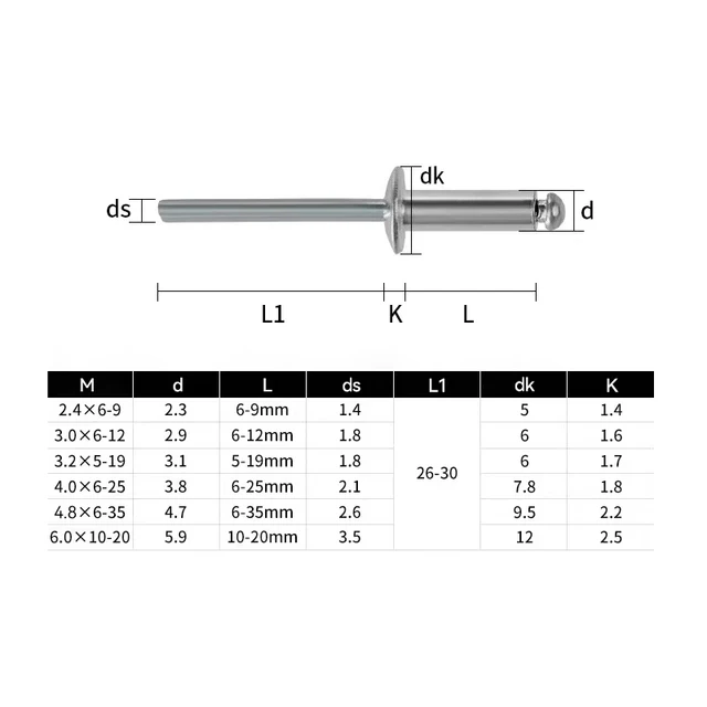 Remaches Pop de aluminio, cabeza de cúpula de piezas, remaches ciegos, vástago de acero, mandril de escape, clavo de tracción, 10-50 M5, M2.4, M3.2, M4, M4.8, M6 - Imagen 6