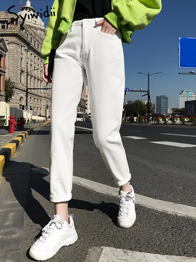 Pantalones vaqueros blancos de cintura alta para mujer, Vaqueros harén Mom de talla grande, vaqueros negros para mujer, ropa de vaqueros Beige y azul 2021 - AliExpress Ropa de mujer