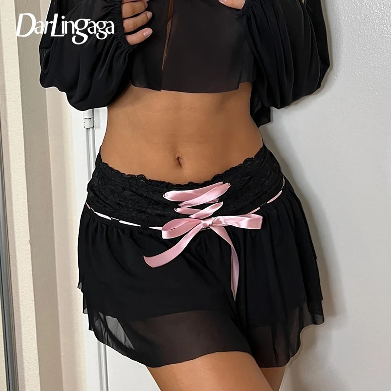 

Darlingaga Coquette Hotsweet Black Sexy Mesh Skirt Women Lace Patched Irregular Hem Tie Up Korean Mini Skirts Girls Hottie Short