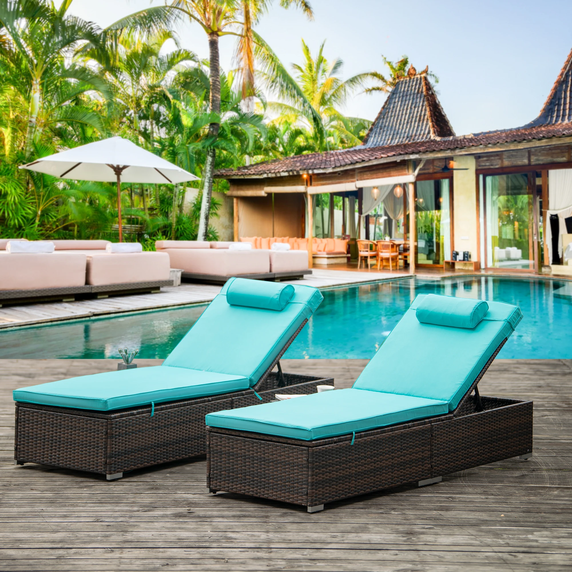 Outdoor Patio PE Wicker Chaise Lounge 2Pcs Brown Rattan Reclining Chair Furniture Set Beach Pool Adjustable Backrest Recliners images - 6