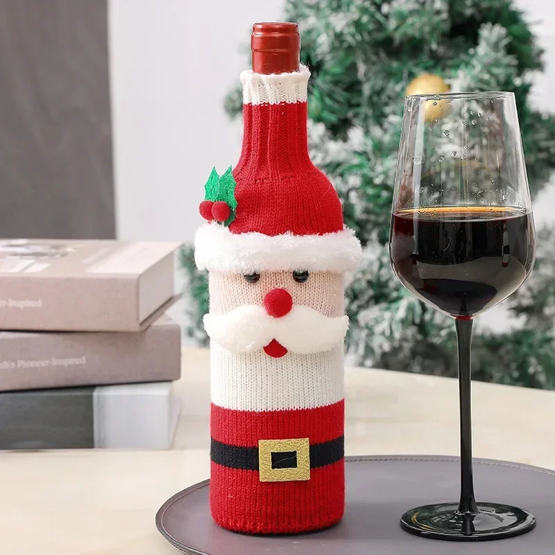thumbnail image 1 of Juego de fundas para botellas de vino de Navidad, bolsas tejidas con diseño de muñeco de nieve y Papá Noel para decorar la mesa de la cena de Navidad, regalos de Año Nuevo, 1 of 5
