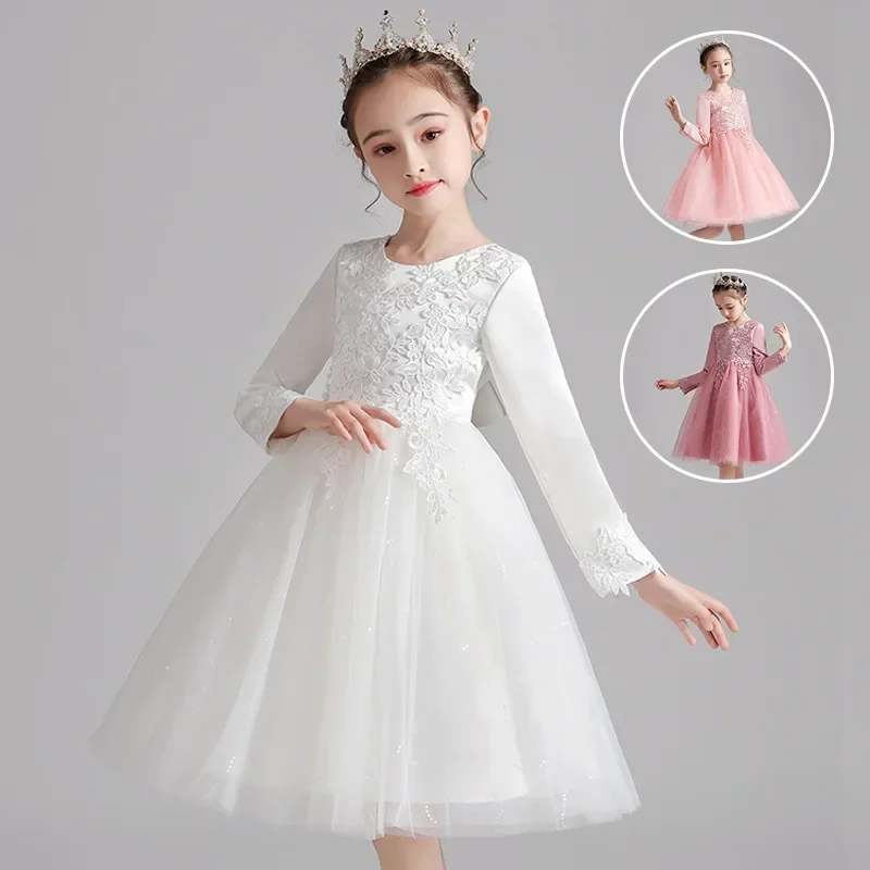 

Girls' formal dress, spring new children's clothing, long sleeved fluffy skirt, little girl hosting runway show, princess dress,