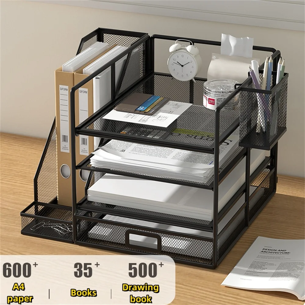Desk Organizer File Holder 4-TIER Letter Tray Organizer Sliding Drawer 1 Pen Holder Metal Mesh Desktop file organizer desk mail organizer pen holder organizer