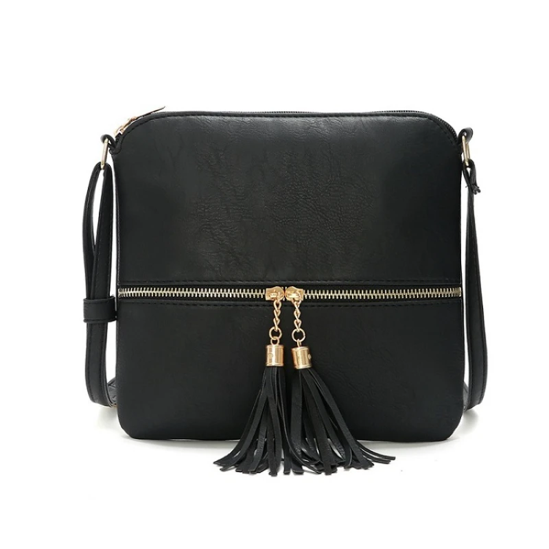 

2023 New Double Tassels Front Pocket Zipper Shoulder Bag Women's Fashion Trend Color Blocking Messenger Bag Multifunctional Bag