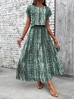 Plus Size Women's Dark Green Tie-Dye Pattern Crop Top & Maxi Skirt 2-Piece Set - Boho Casual Vacation/Daily Style (0XL-4XL)