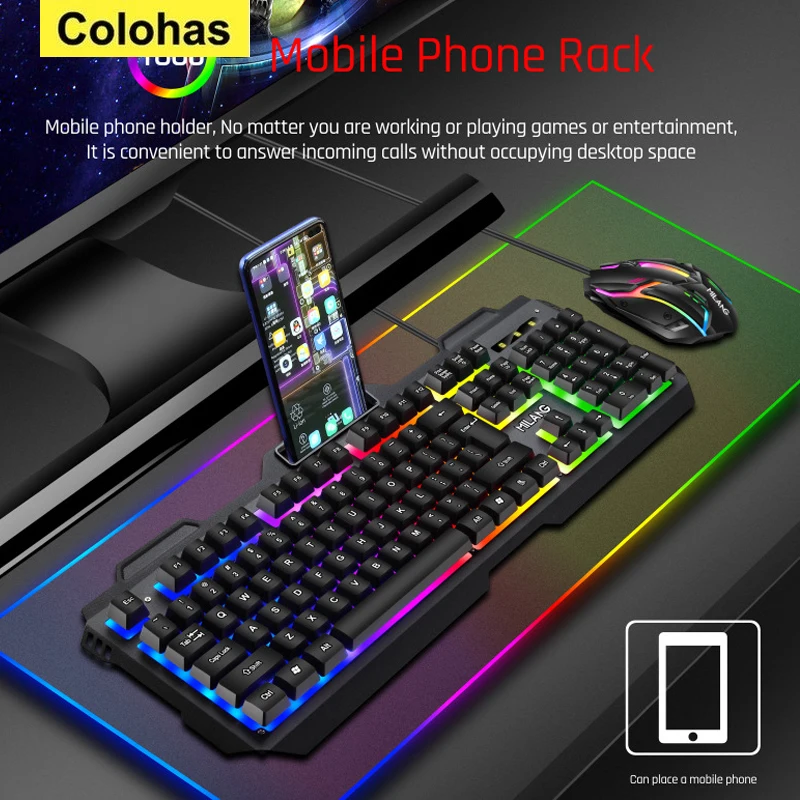 

Mechanical Feel Wire Gaming Keyboard Mouse Set USB RGB Colorful Luminous Keyboard Mice for PC Gamer Computer With Phone Holder