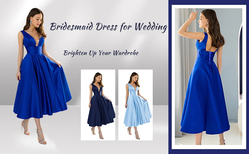 Vestido elegante de satén para dama de honor, corto, con escote en V, corte A, largo hasta la rodilla, vestido formal de noche para mujer