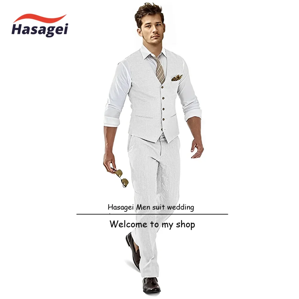 Suit for Men Linen Vest Pants Set of 2 Summer Breathable Groom Tuxedo Wedding Formal Slim Fit Set Clothes