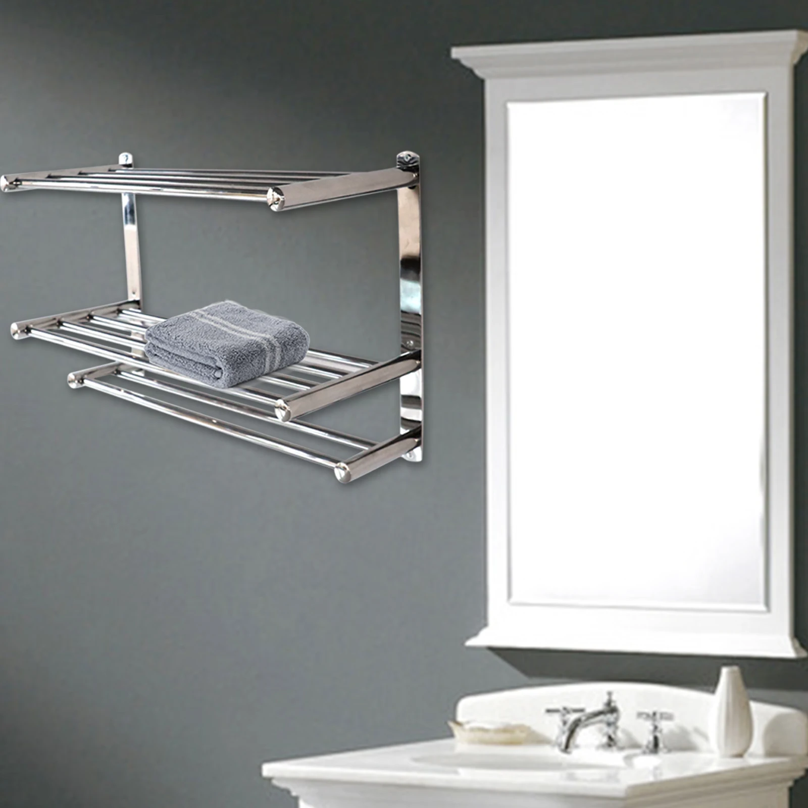 

24-Inch 3 Tier Bath Towel Bar Multilayer Rack Stainless Steel Wall-Mounted Shelf Bathroom Shelf With Towel Bars