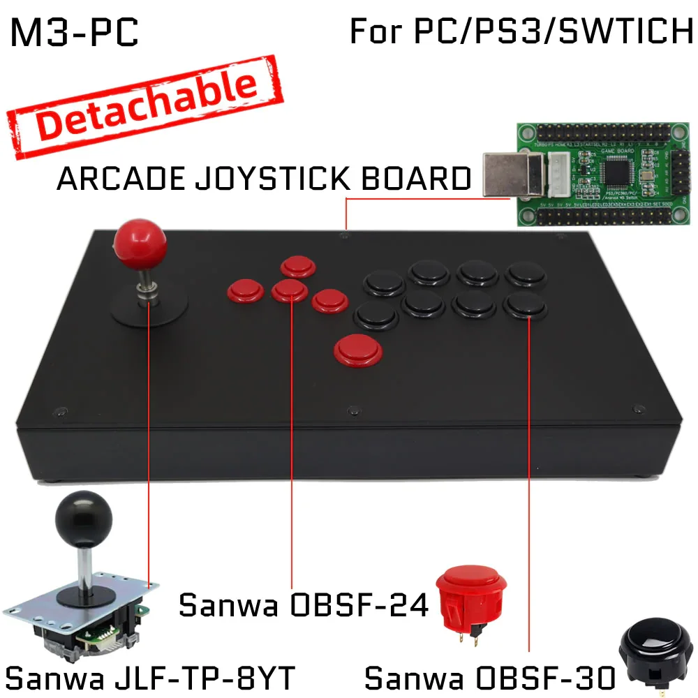 모든 버튼 히트박스 스타일 아케이드 조이스틱, 파이트박스 스틱 게임 컨트롤러, PS4, PS3, PC Sanwa OBSF-24 30 용, M3