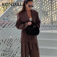 KONDALA 2026 Spring Office Lady Elegant Brown Women Suit Fashion Casual Sashes Oversized Shrug Blazer Chic Zipper Long Pant - Image 3