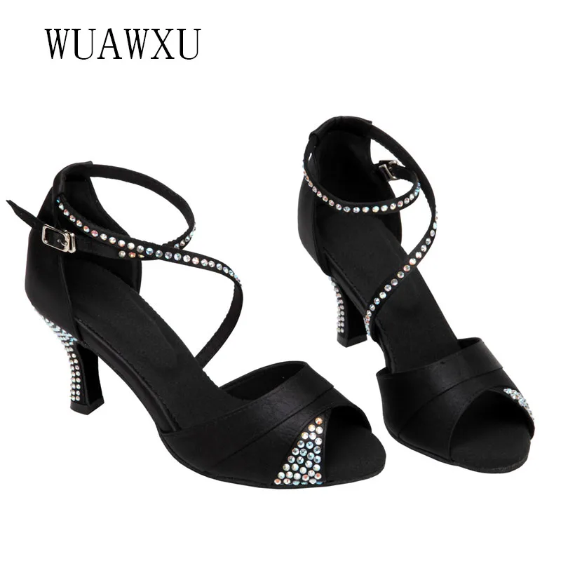 NATASHA New Latin Dance Shoes Adult Women Sexy High Heel Dance Shoes Black Diamond Dance Shoes Soft Sole Latin Dance Shoes 4.5-8
