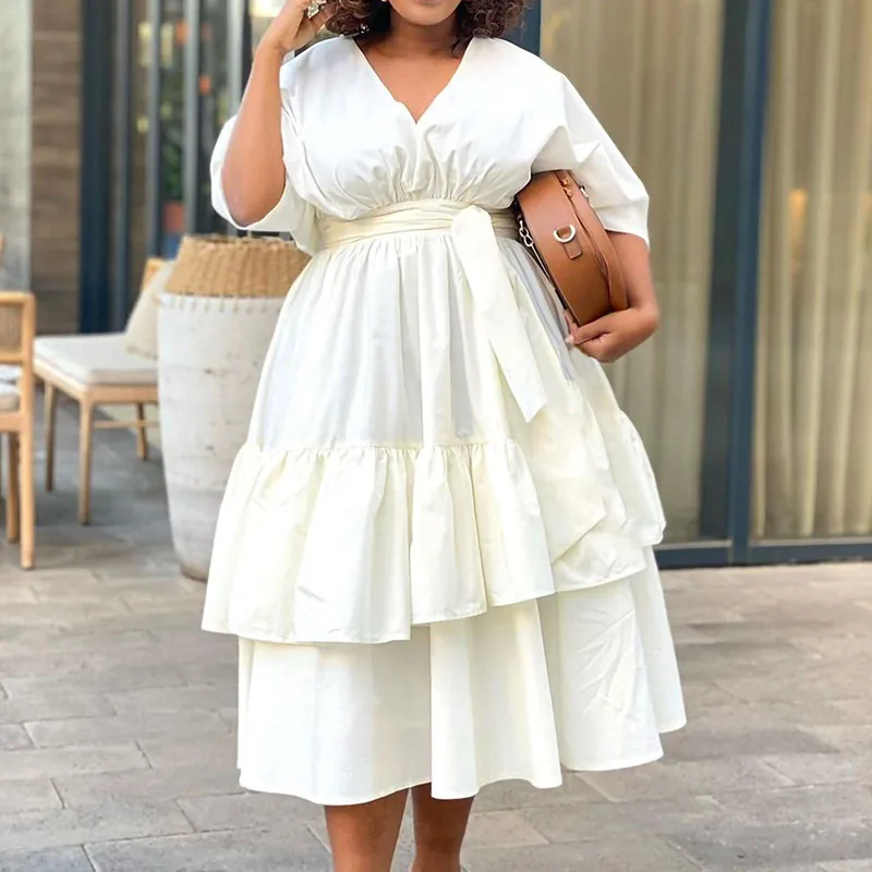 

Elegant V-Neck Lace Up Folds Swing Party Dress Spring Lady A-Line Long Dress 2024 Women Retro Solid Loose Cascading Ruffle Dress