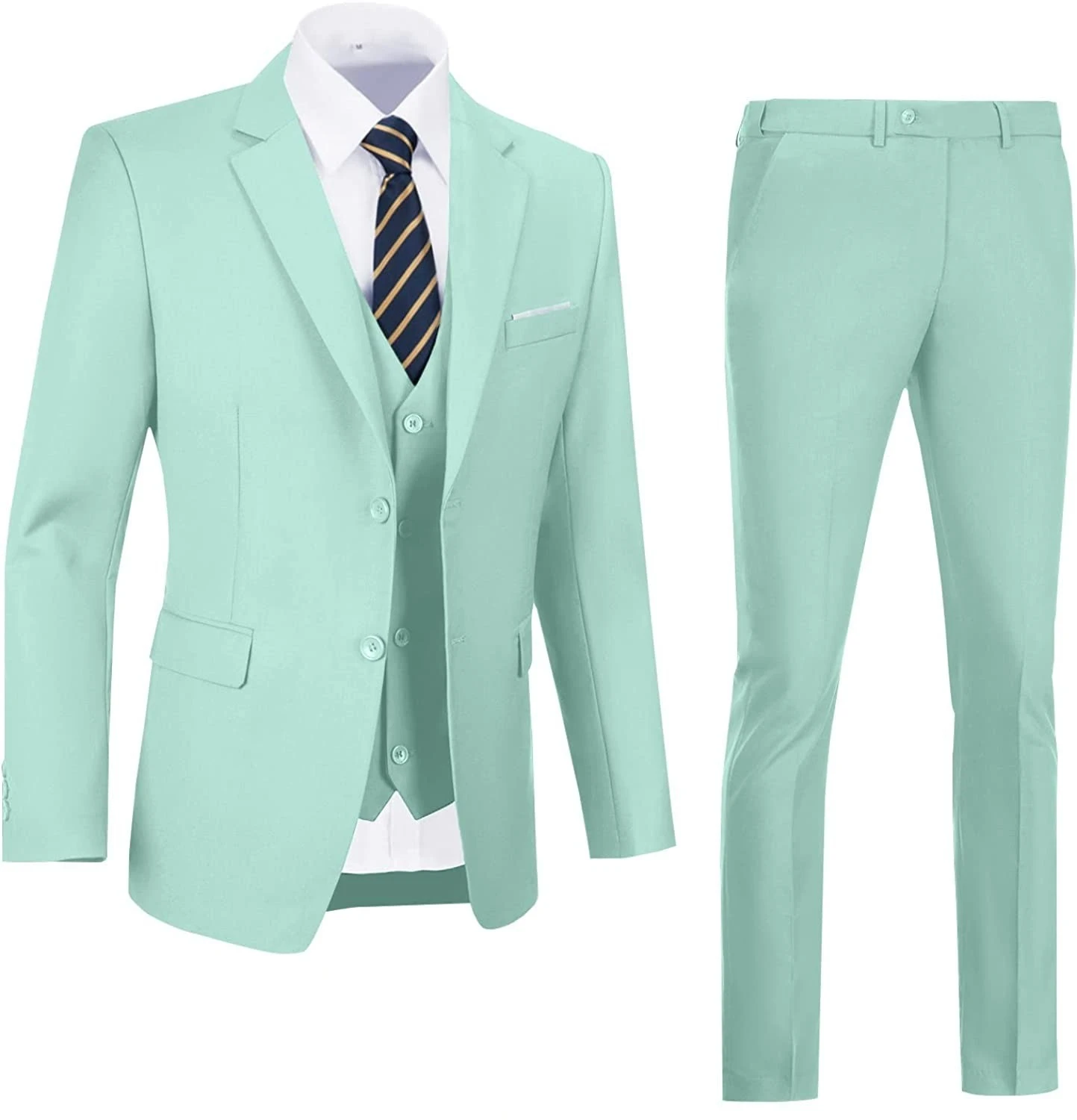 Lansboter Light Green Men's Suit 3 Pieces Slim Fit Two Button Business