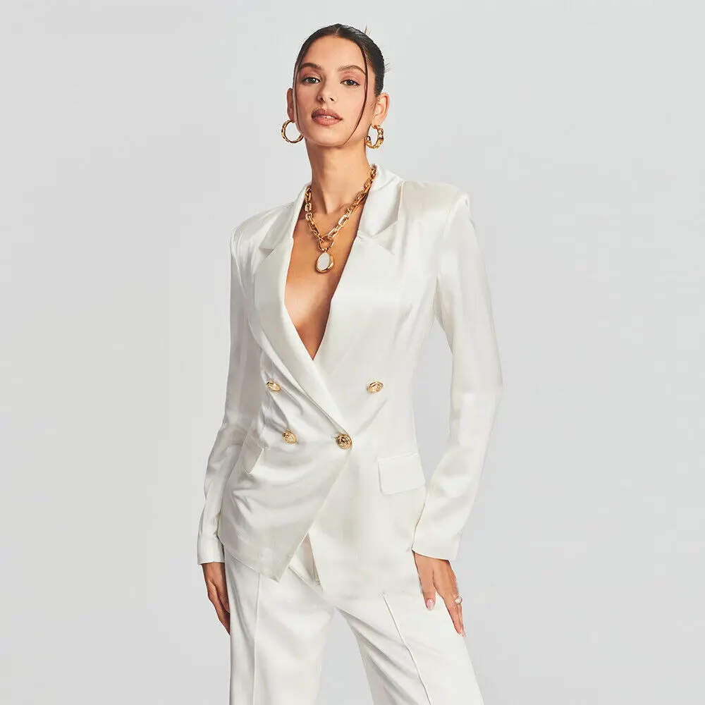 

Wedding Tuxedos for Women Formal Suit Sets for Lady Double Breasted Jacket and Pants Satin Slik 2-Piece Coat and Trousers