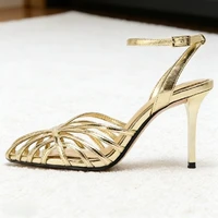 Sexy Gold Hollow Narrow Band High Heel Sandal Women Fashion Ankle Strap Buckle Thin Heel Designer Shoe Elegant Dinner Dress Shoe - Image 3