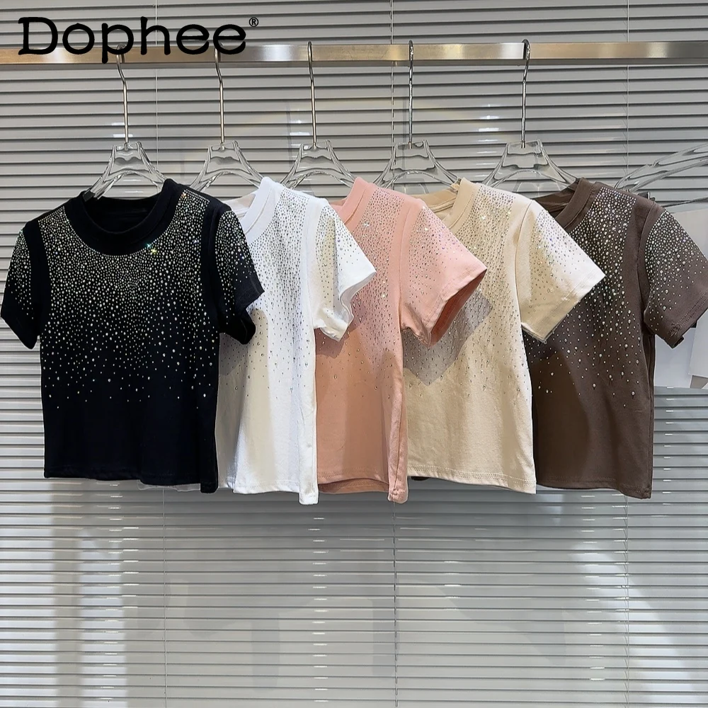 

Round Neck Short Sleeve Slim Fit T-shirt Women 2024 Spring Summer New Hot Girl Style Starry Rhinestone Neckline Short Top Female