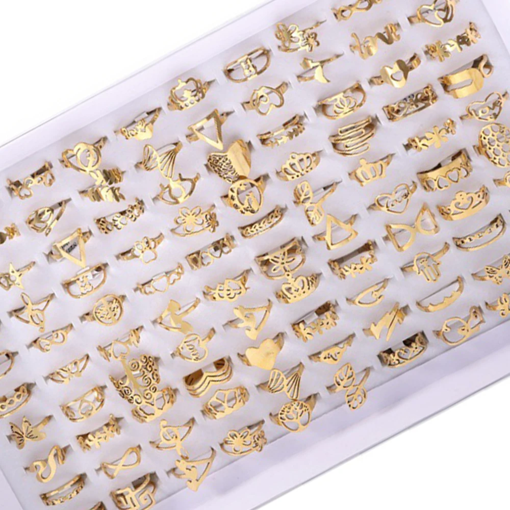 

50pcs/Lot Mix Woman Stainless Steel Rings Wholesale Vintage Bohemia Cut Finger Rings Animal Love Heart Fashion Jewelry