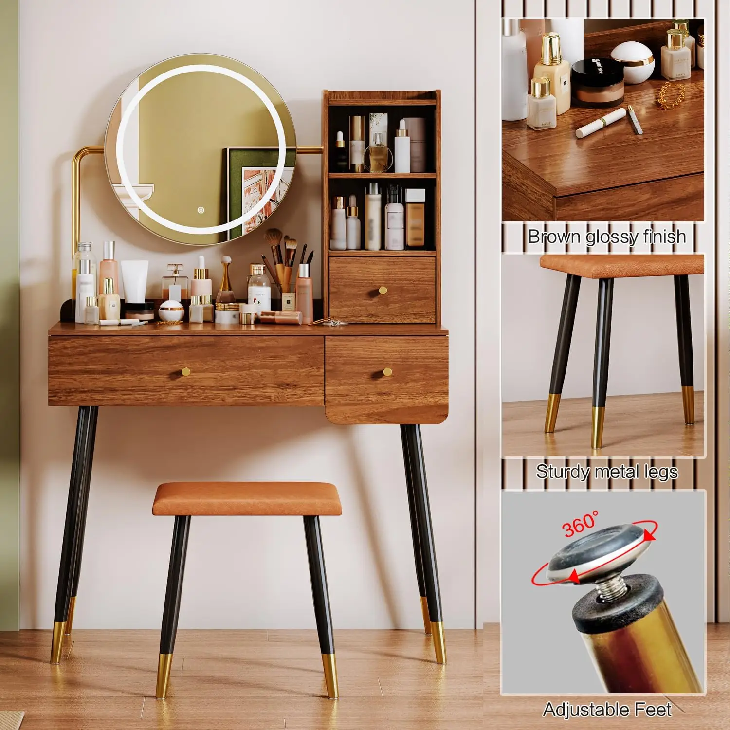 Vanity 35" W, Vanity Desk with Round Mirror and Lights, Brown Makeup Table with Chair, Open Compartment