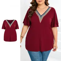 Women Plus Size Curve Casual Patchwork Contrast Collar T-Shirt