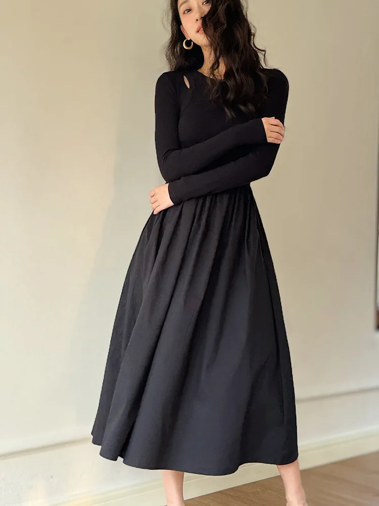 

New 2024 Early Spring Dress High Quality Ladies Knitting Cotton Patchwork Long Sleeve Casual Black Long Maxi Dress High Street