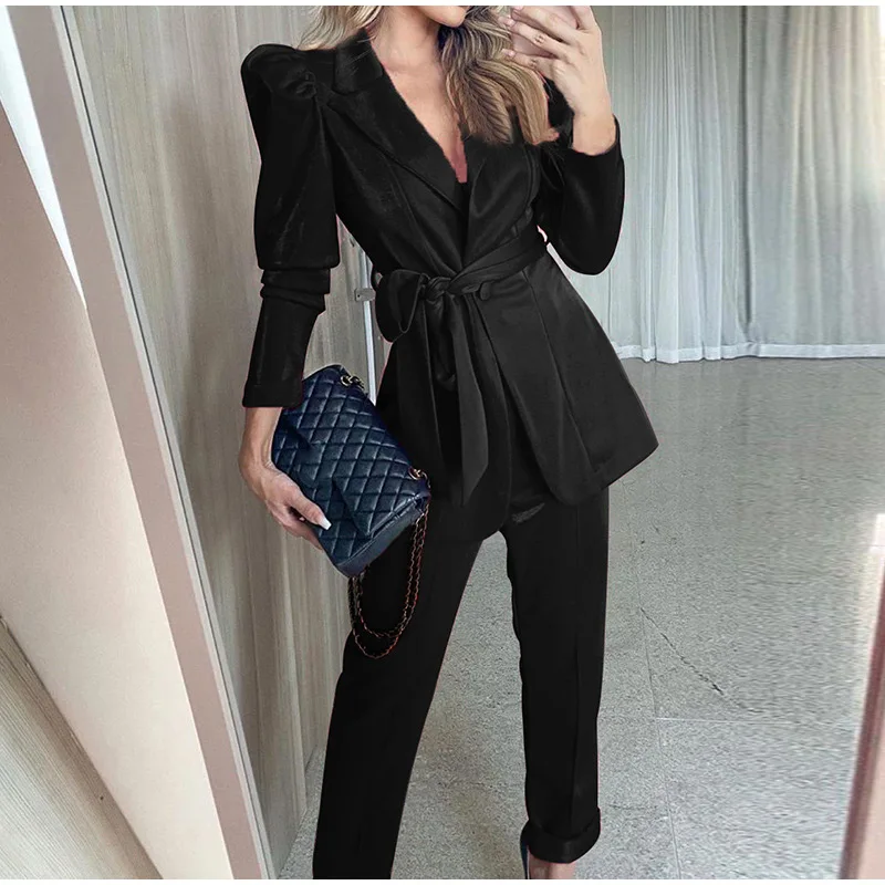 

Women's Solid Suits Lace-Up Long Sleeve Tops Ruffle Loose Drawstring Pants Office Ladies 2 Piece Sets Elegant Casual Autumn 2023