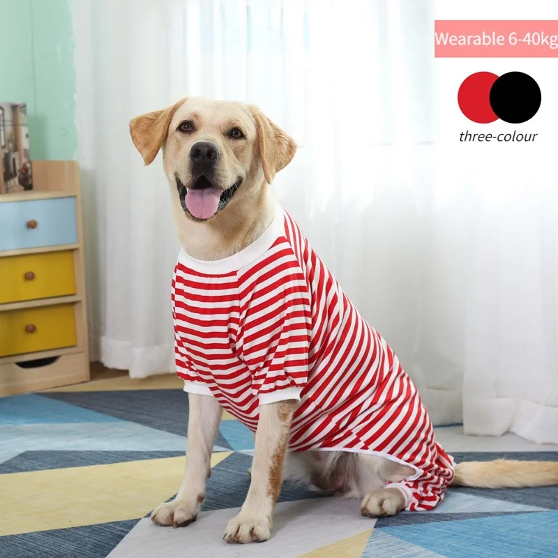 

Large dog pure cotton four-legged striped home anti-hair pullover Labrador golden hair teddy dog clothes